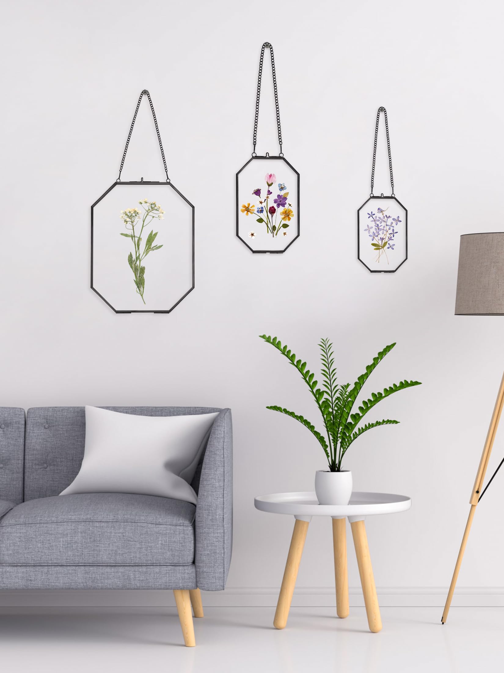 REDHUGO gepresste Blumenrahmen, schwebende Glasrahmen zur Präsentation von getrockneten Pflanzenspezimen, hängender Messing-Fotorahmen mit Kette, doppelt klares Glas, Vintage Wanddekoration, Achteck