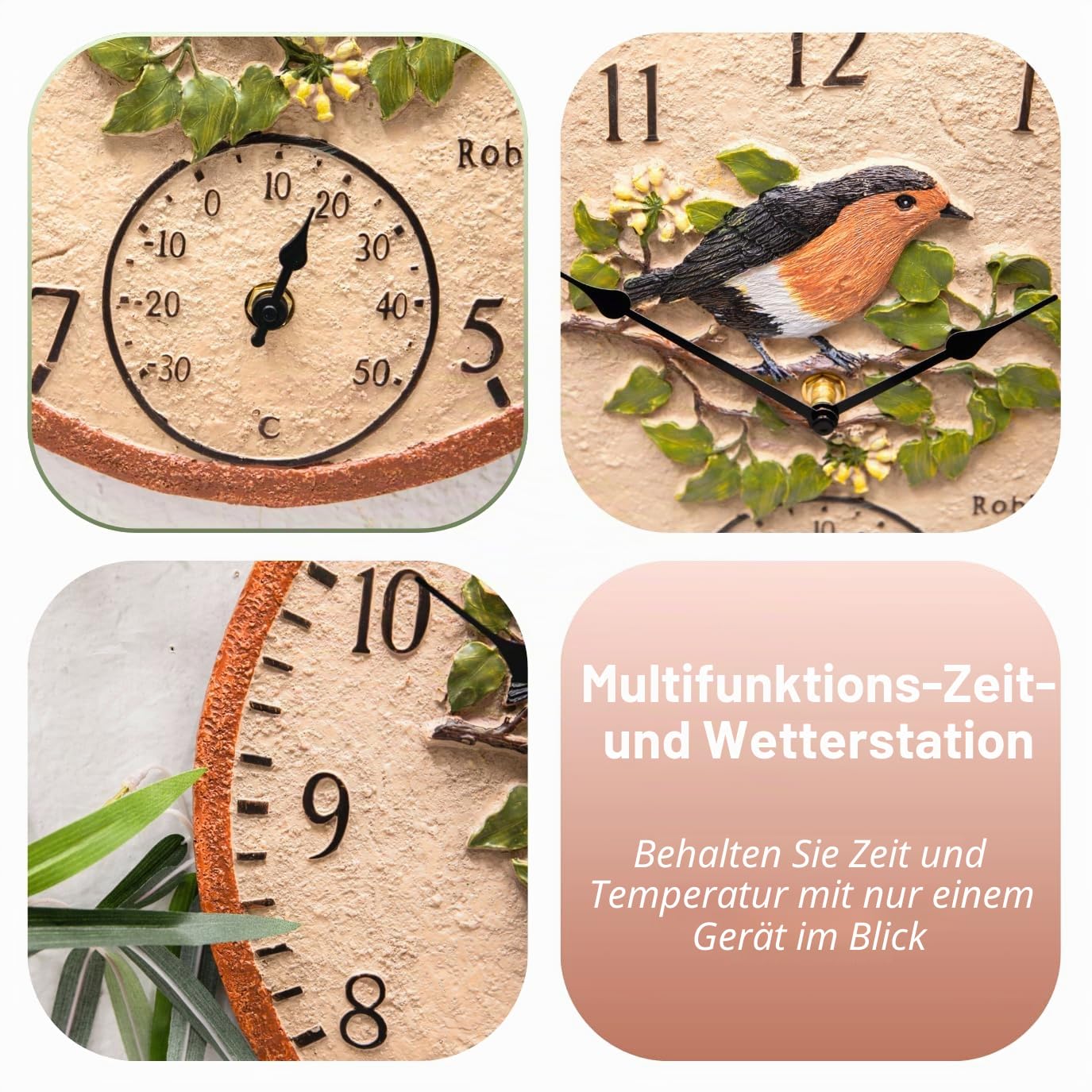 Garden Mile 30 cm Rotkehlchen-Gartenuhren für den Außenbereich, wasserdicht, mit Thermometer für Garten, analoge Außenuhren für Garten, wetterfest, Außenuhren für Küche, Wohnzimmer und Terrasse