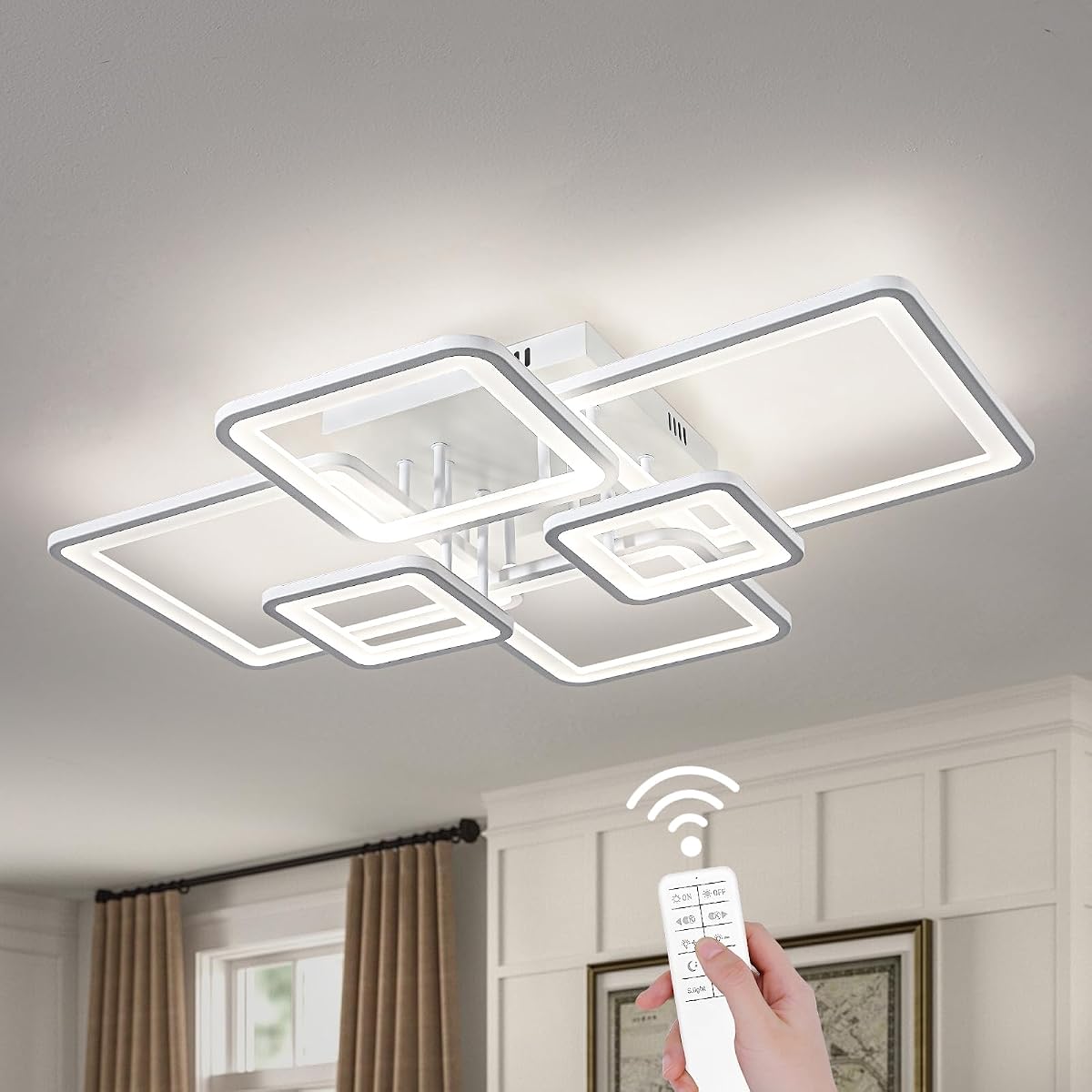 Shine LUEST Luces de techo LED modernas para dormitorio Luces de techo cuadradas modernas regulables de 6 anillos para sala de estar con control remoto Lámparas de techo de dormitorio blancas para cocina, baño, balcón