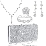 Silver Clutch Purse Prom Crystal Jewelry Accessories Set for Women Wedding Dressy Evening Party