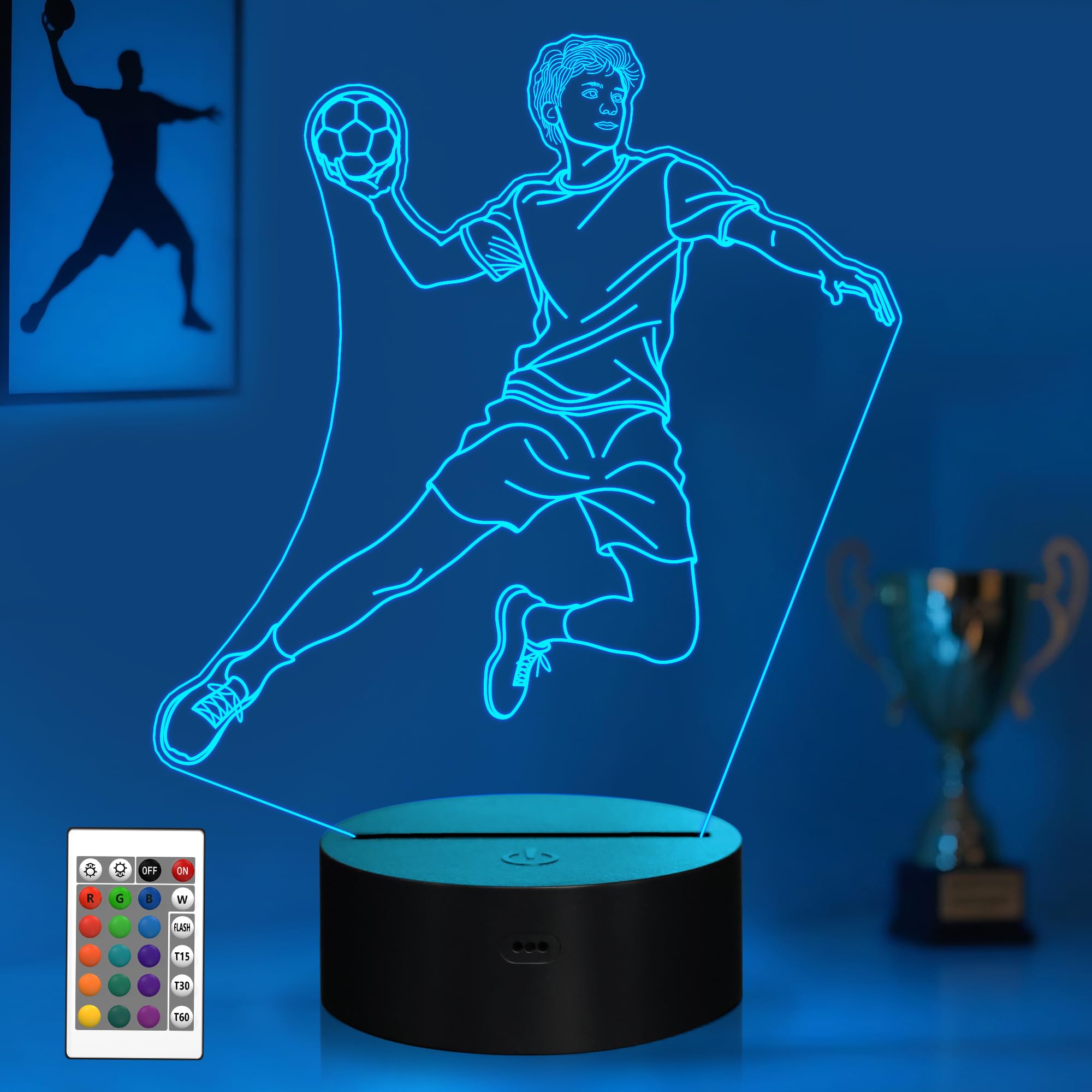Handball Nachtlicht 3D Illusionslampe mit 16 Farben und Fernbedienung, Handbälle Geschenk für Jungen und Männer, Handball Zubehör, Handball Kinder Geschenk für Geburtstag, Weihnachten, Dekoration
