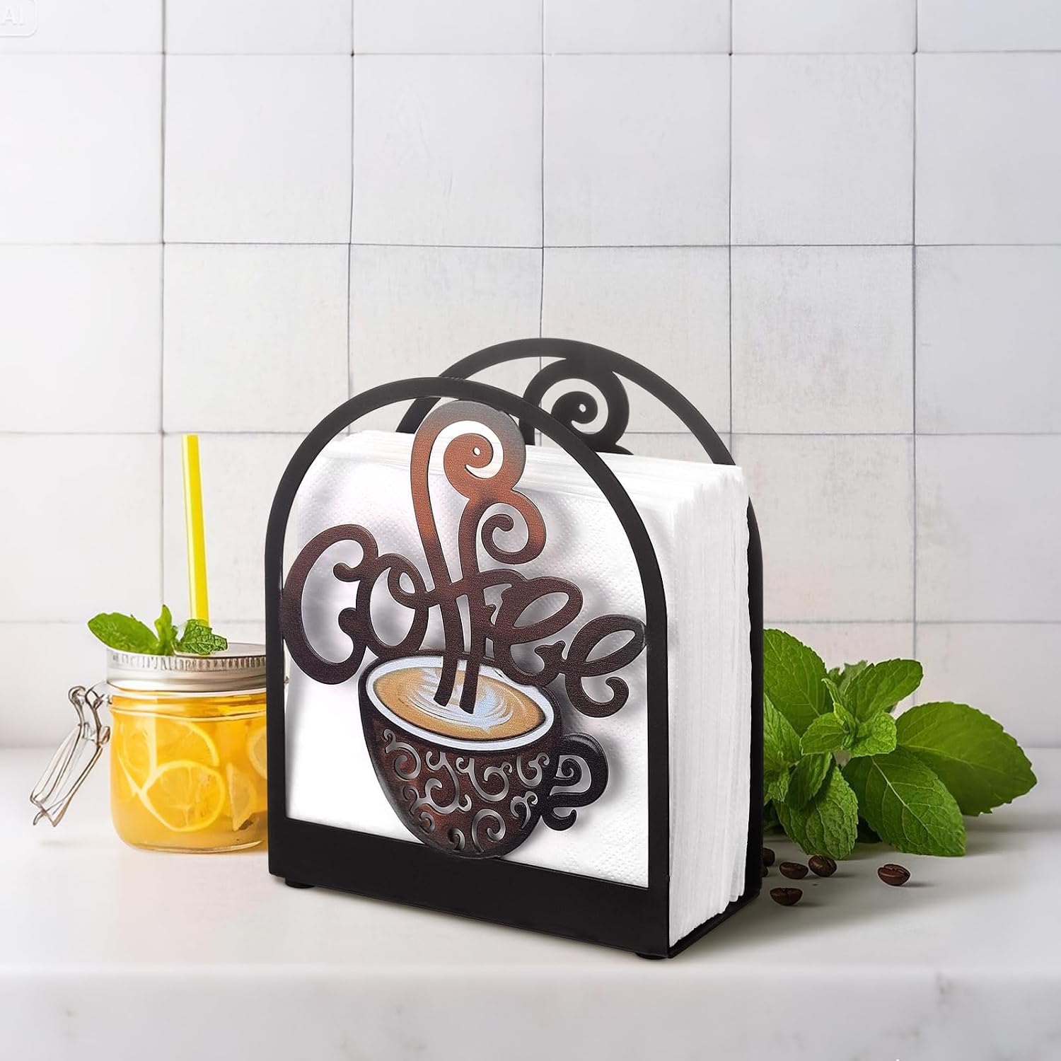 Cinnvoice Coffee Metal Napkin Holder Kitchen Decorative Paper Towel Stand Small Napkins Holder for Coffee Bar Tabletop Tissue Stand Countertop Decor Gifts for Rustic Farmhouse Housewarming
