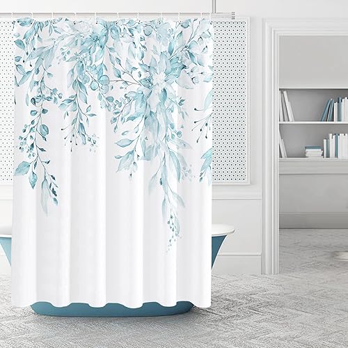 Vista 293 de Tititex - Juego de cortinas de ducha de eucalipto verde oliva, hojas de acuarela en la parte superior con decoración floral de baño, 60 x 72 Hojas