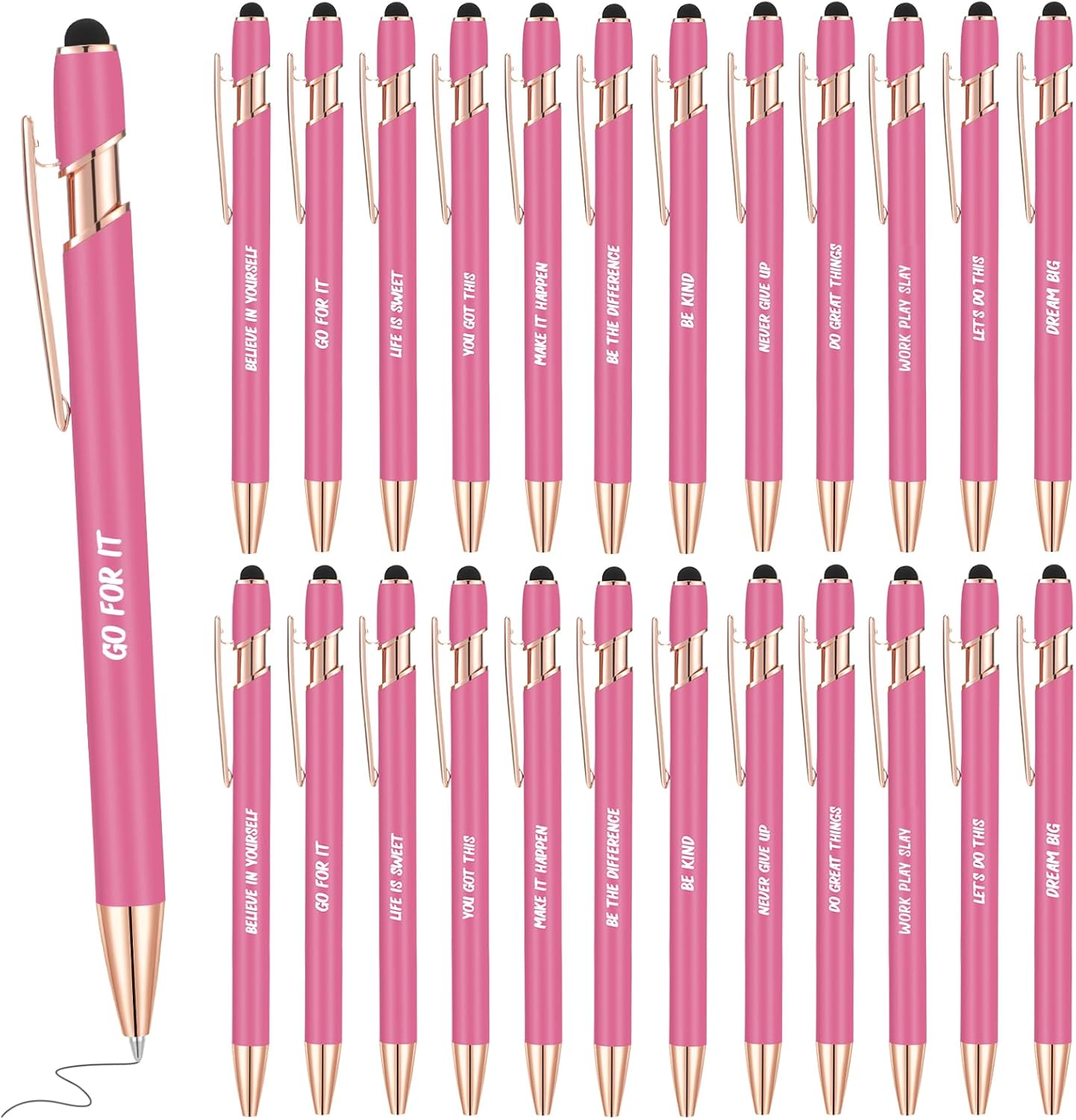 Yeaqee 24 Pcs Inspirational Ballpoint Pens Motivational Black Ink Retractable Quotes Pen with Stylus Tip Encouraging Message for Women Men Writing Office School Valentine's Day Gift(Rose Red)