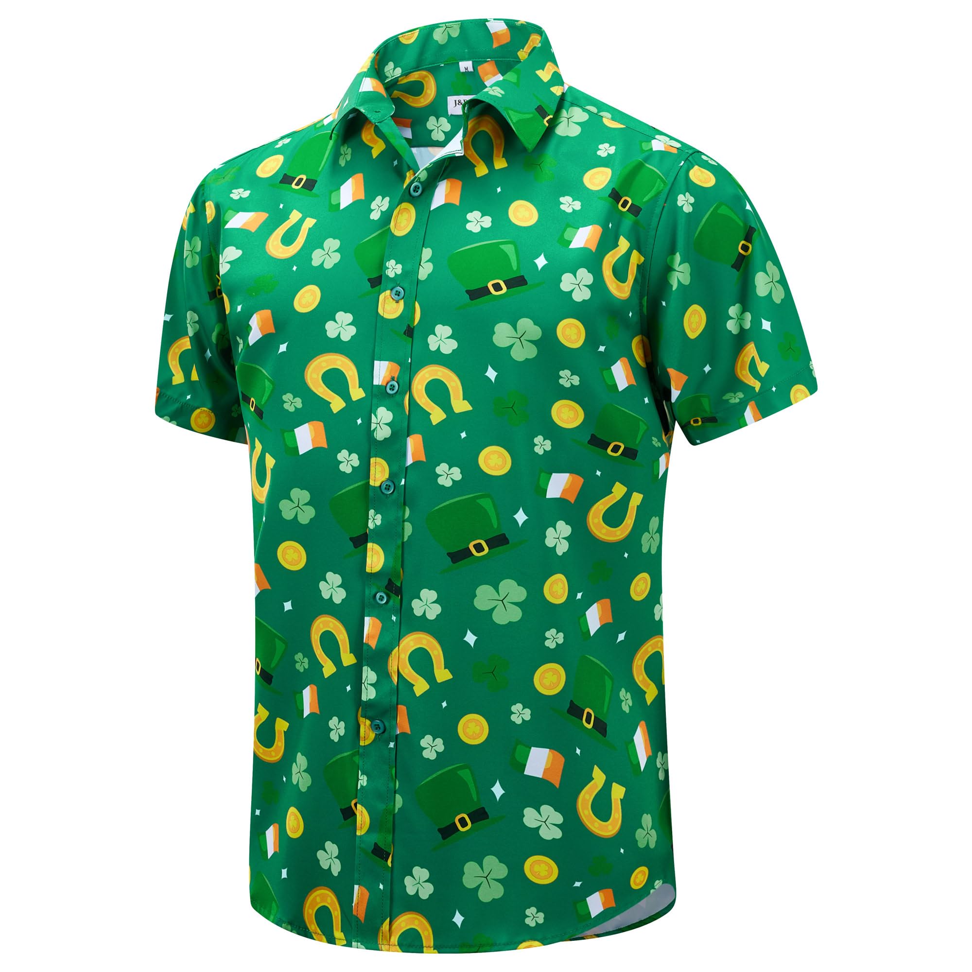 J&DHUASHAMens St Patrick's Day Shirt Shamrock Irish Printed Green Clover Hawaiian Button Down Short Sleeves Shirts