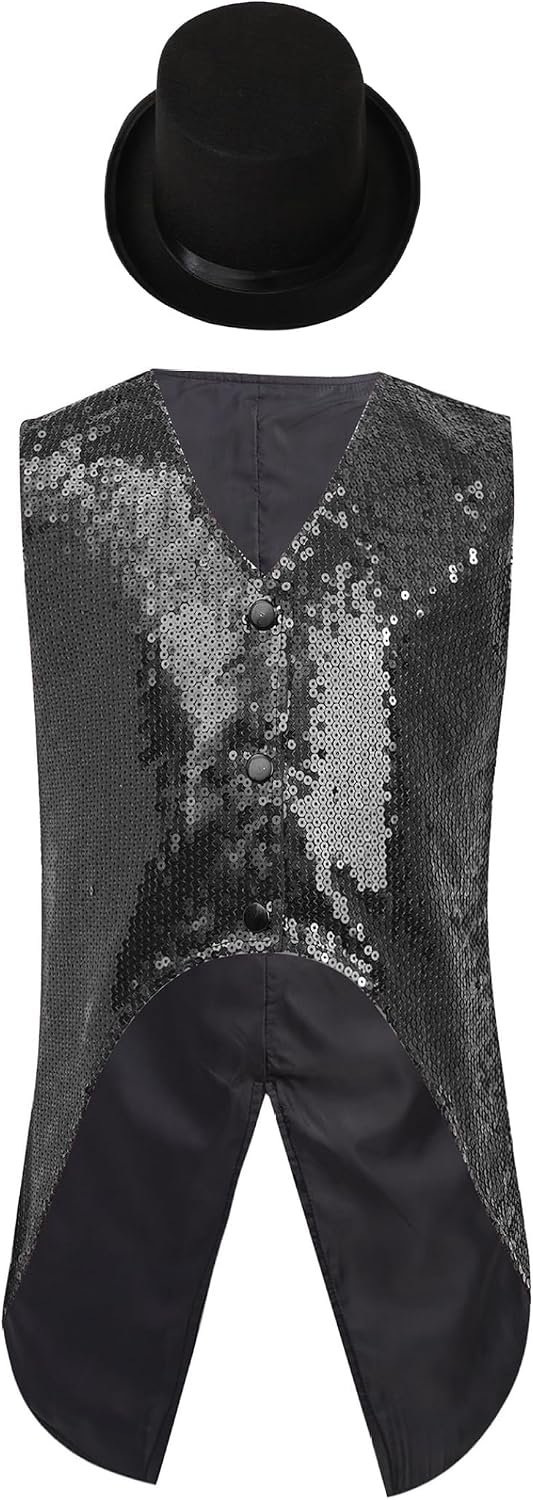 Kids Boys Sleeveless Sparkly Sequin Vest Jazz Dance Performance Top Shiny Swallowtail Waistcoat with Hat