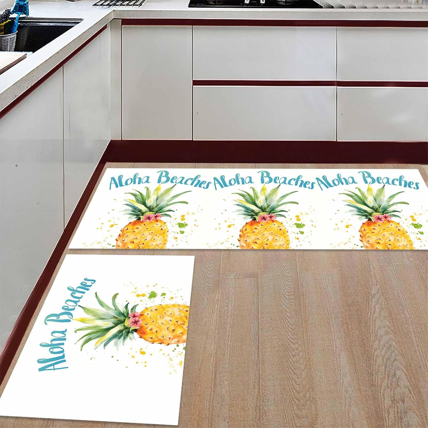 2 Pieces Kitchen Rugs and Mats,Watercolor Yellow Pineapple Flower Area Runner Rug Set Non Slip Floor Doormat Washable Carpet Standing Mat for Kitchen Sink Indoor Corridor,Farmhouse Fruit Painting