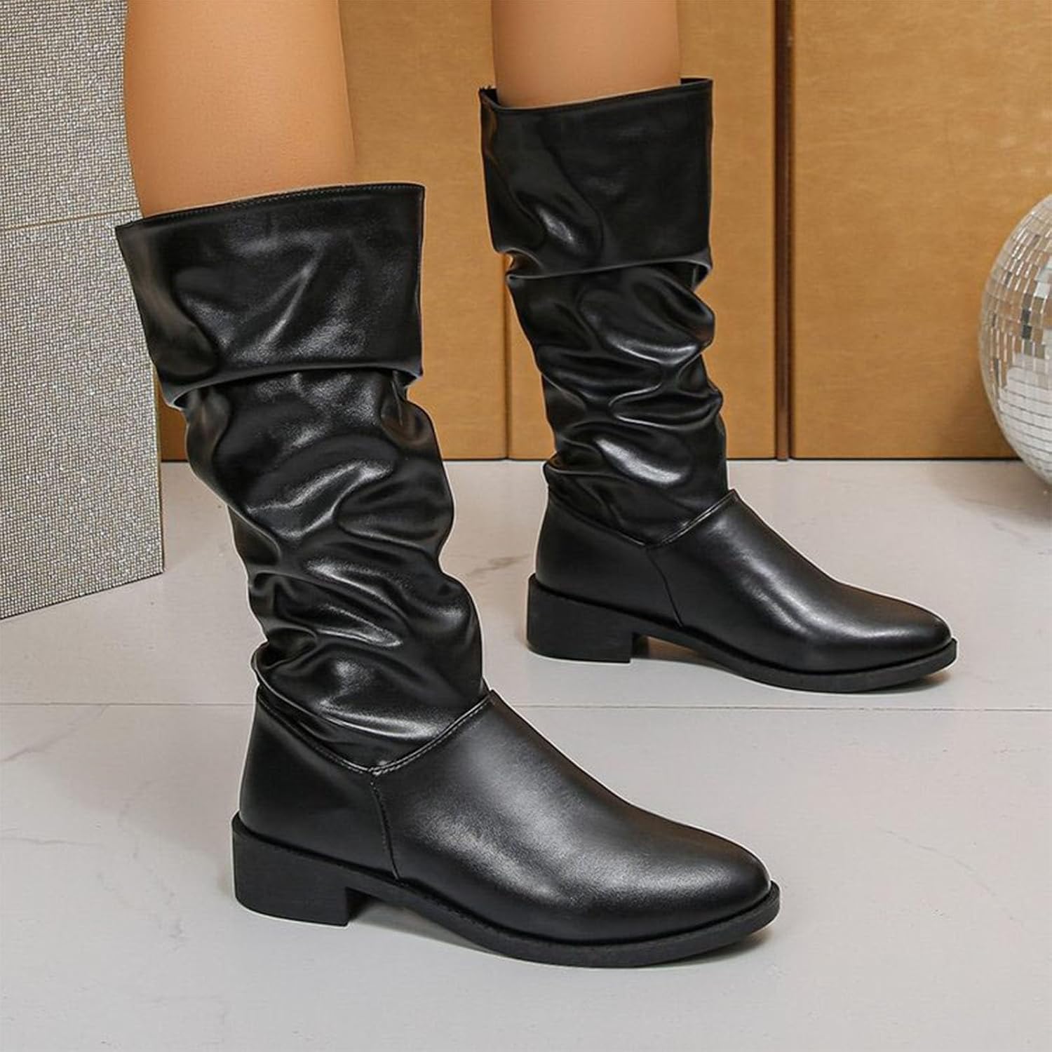 Wide Slouchy Wide Calf Boots for Lady:Fashion Basic Solid Color Cargo Booties Pull on Winter Warm Footwear Shoes