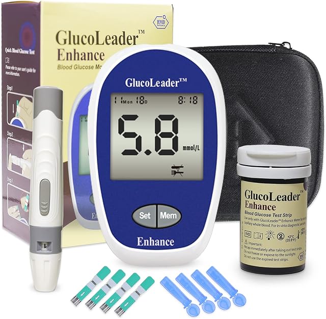 GlucoLeader Enhance Blood Sugar Monitor with 10 Test Strips and Lancets - 800 Memory Diabetes Testing Kit in mmol/L - CE & ISO Certified UK Blood Glucose Monitor Sugar test Kit (Made In Taiwan)