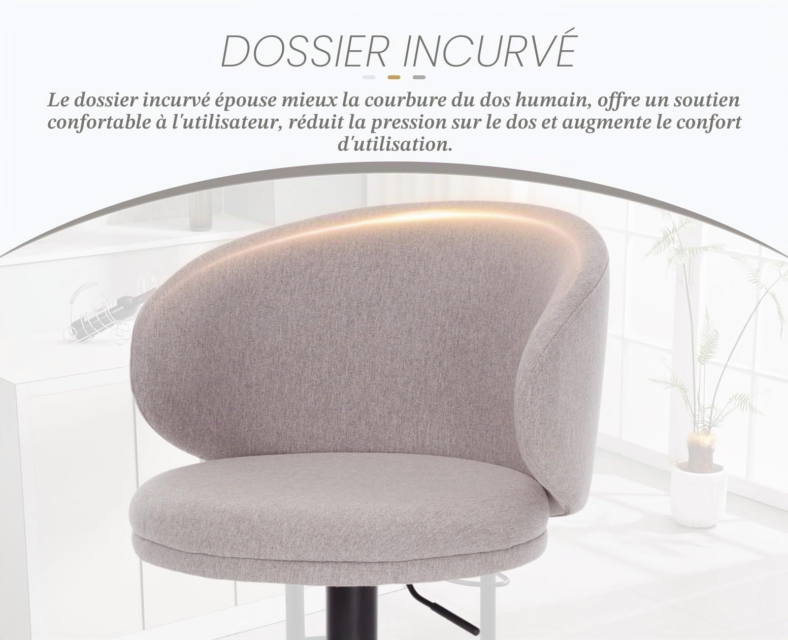 chairus 2PCS Tabourets de Bar, Chaise Haute Cuisine, Pivotant, Gris | Style Moderne, Tissu de Lin, Réglable en Hauteur, Dossier Incurvé, Coussin Rembourré, pour Ilot Central