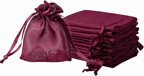 QIANF 20 Pcs Burgundy Small Organza Bags 3X4 inch for Wedding Favors with Drawstring, Mini Mesh Gift Bags Jewelry Pouch for Candy Bridal Shower Party Favor Baby Shower Christmas