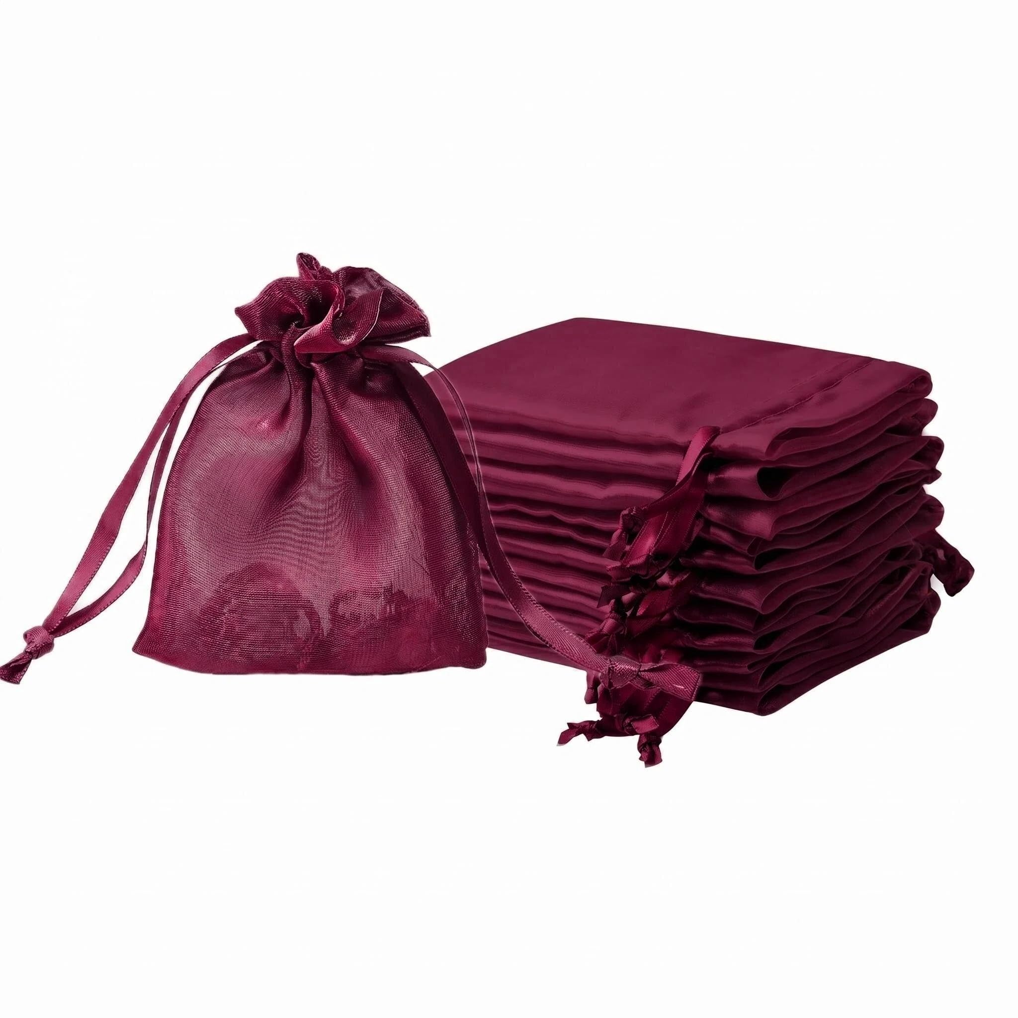 QIANF 20 Pcs Burgundy Small Organza Bags 3X4 inch for Wedding Favors with Drawstring, Mini Mesh Gift Bags Jewelry Pouch for Candy Bridal Shower Party Favor Baby Shower Christmas