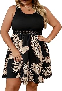 Women's Tropical Print Contrast Lace Summer Dress Scoop Neck Sleeveless A Line Short Dresses - Buy now