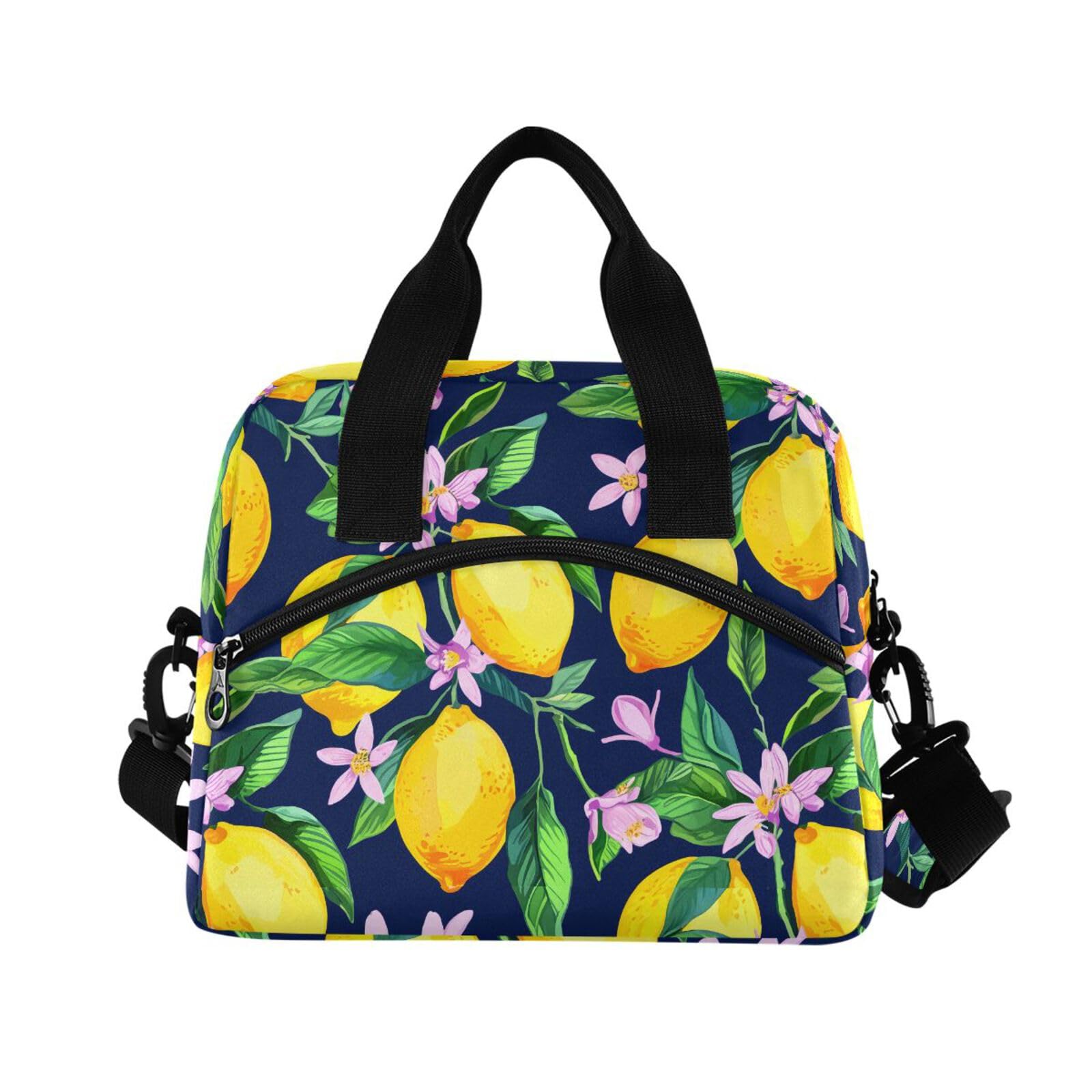 Sinestour Insulated Lunch Bag Reusable Cooler Lemon Blossom Leaves Blue Lunch Box Adjustable Shoulder Strap for Office Men Women