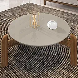 Mesa de Centro Sala Lizz Redonda com Pés em Madeira Maciça (Off White/Cedro)