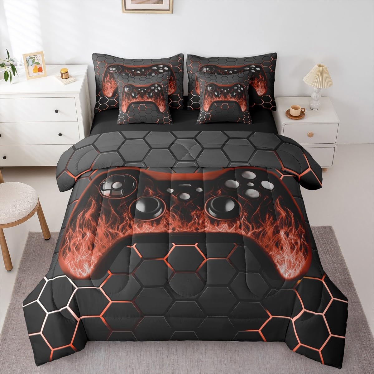 Gaming 7 Pieces Bedding Set for Boys Twin Kids Gamer Comforter Set for Boys Gaming Room Decor,Game Bed In A Bag Soft Brown Black Geometric Honeycomb Sheet Set With Comforter With 3D Flame Gamepad
