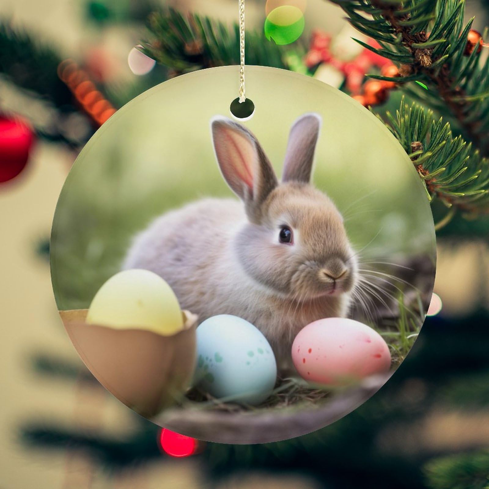 Rabbits Eggs Christmas Ornament for Christmas Tree Ceramic Round Ornament Winter Holiday Keepsake Gift 2.7" Christmas Tree Hanging Decorations Circle Ceramic Pendant Xmas Gift