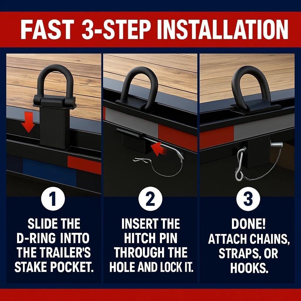 Stake Pocket D Rings Heavy Duty 18000lbs – Trailer Tie Down Anchors for Flatbed Trucks & Utility Trailers, 2"x4" Stake Pocket Mount with 1/2" Hitch Pin | 4PCS Trailer Accessories D Rings(Black) - Image 5