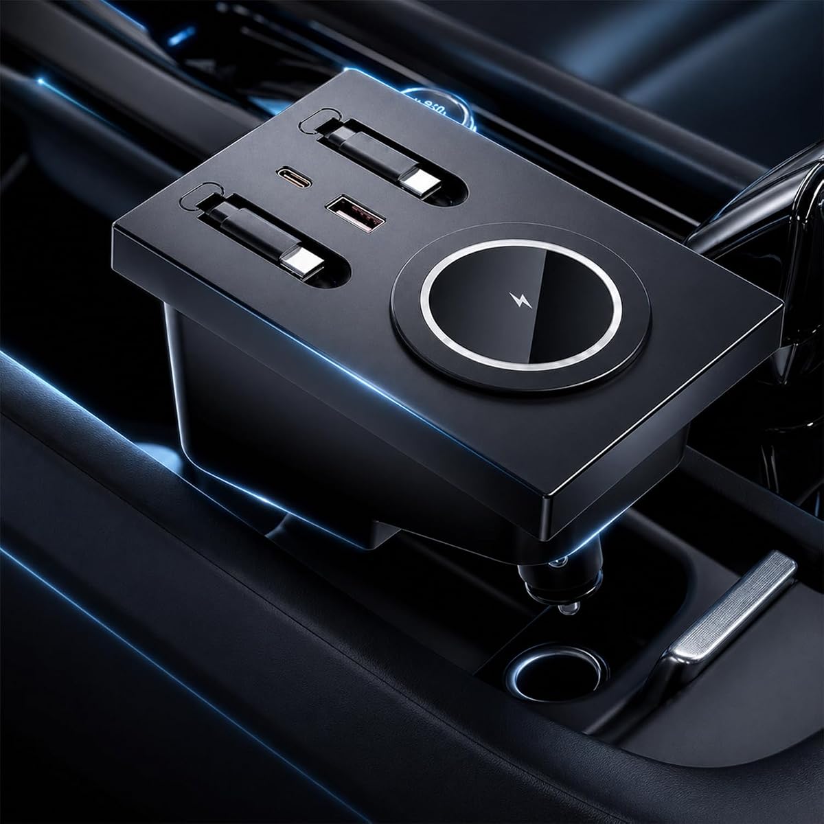 15W Wireless Charger & USB Hub Custom Fit for Volvo XC60 XC90 S90 V90 S60 V60, Center Console Docking Station with 2 Retractable 45W Type-C Cables, Multi-Port Fast Charging Volvo Interior Accessories