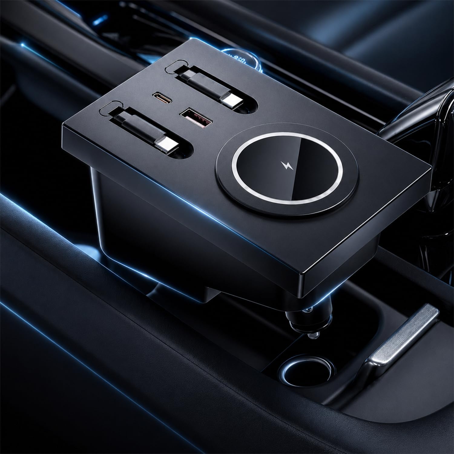 15W Wireless Charger & USB Hub Custom Fit for Volvo XC60 XC90 S90 V90 S60 V60, Center Console Docking Station with 2 Retractable 45W Type-C Cables, Multi-Port Fast Charging Volvo Interior Accessories