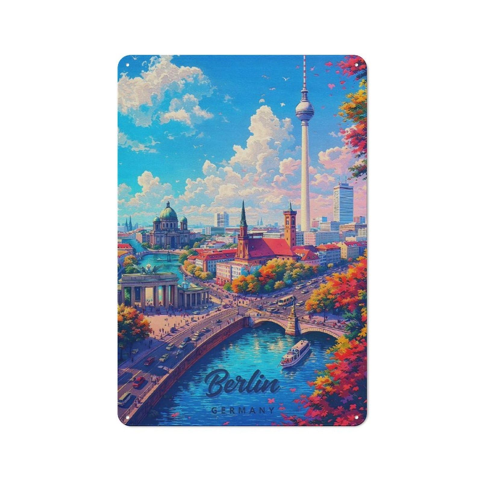 Junmoney Style-19 Vibrant Berlin Cityscape With Fernsehturm Vintage Tin Sign 30X20cm For Café Or Restaurant, For Café Owners And Decorators, For Retro Home Interiors