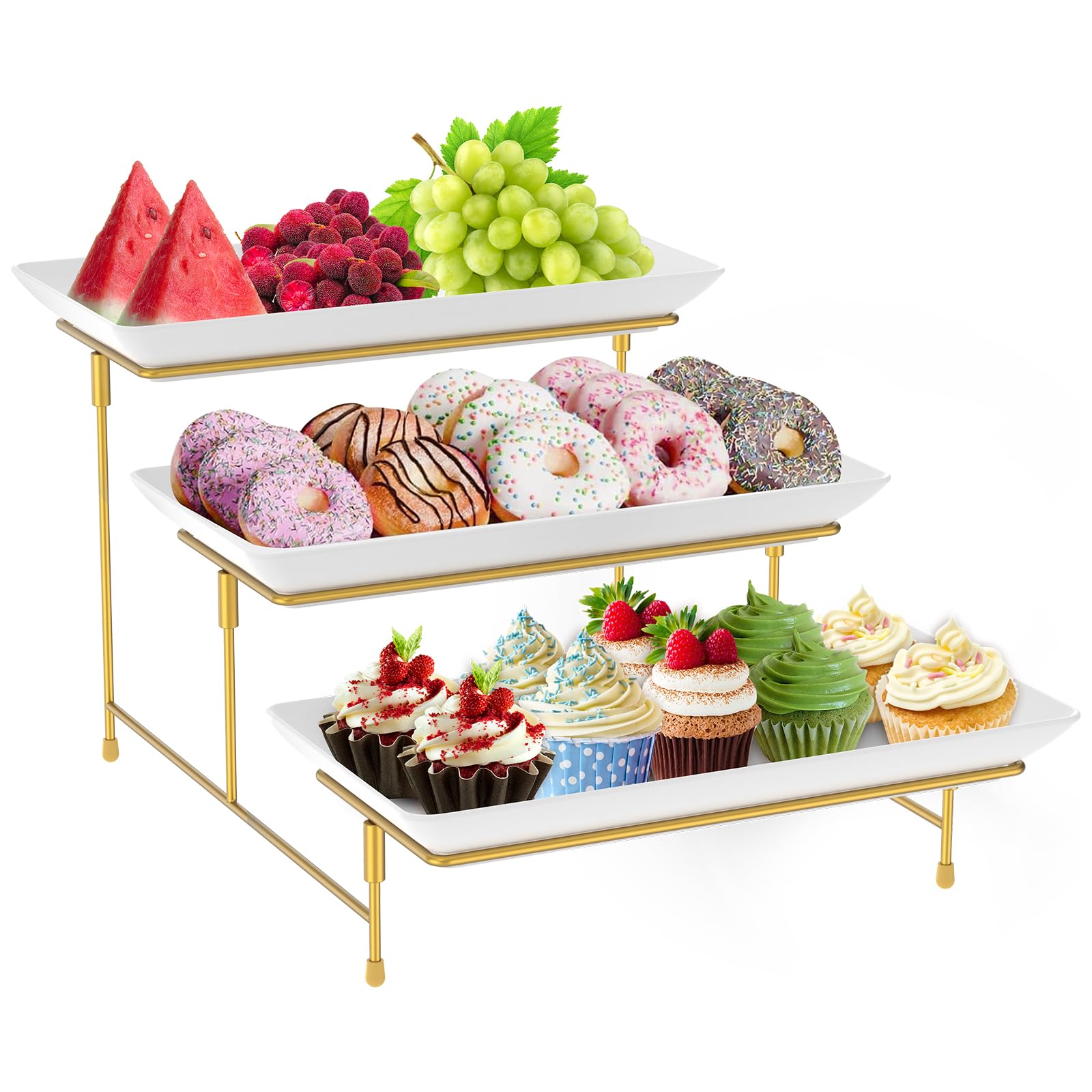 3 Tier Plastic Serving Tray 29cm*14cm Reusable Platters for Serving Food Tiered Tray with Metal Display Stand for Food Cookies Veggie Dessert Fruit Cupcakes