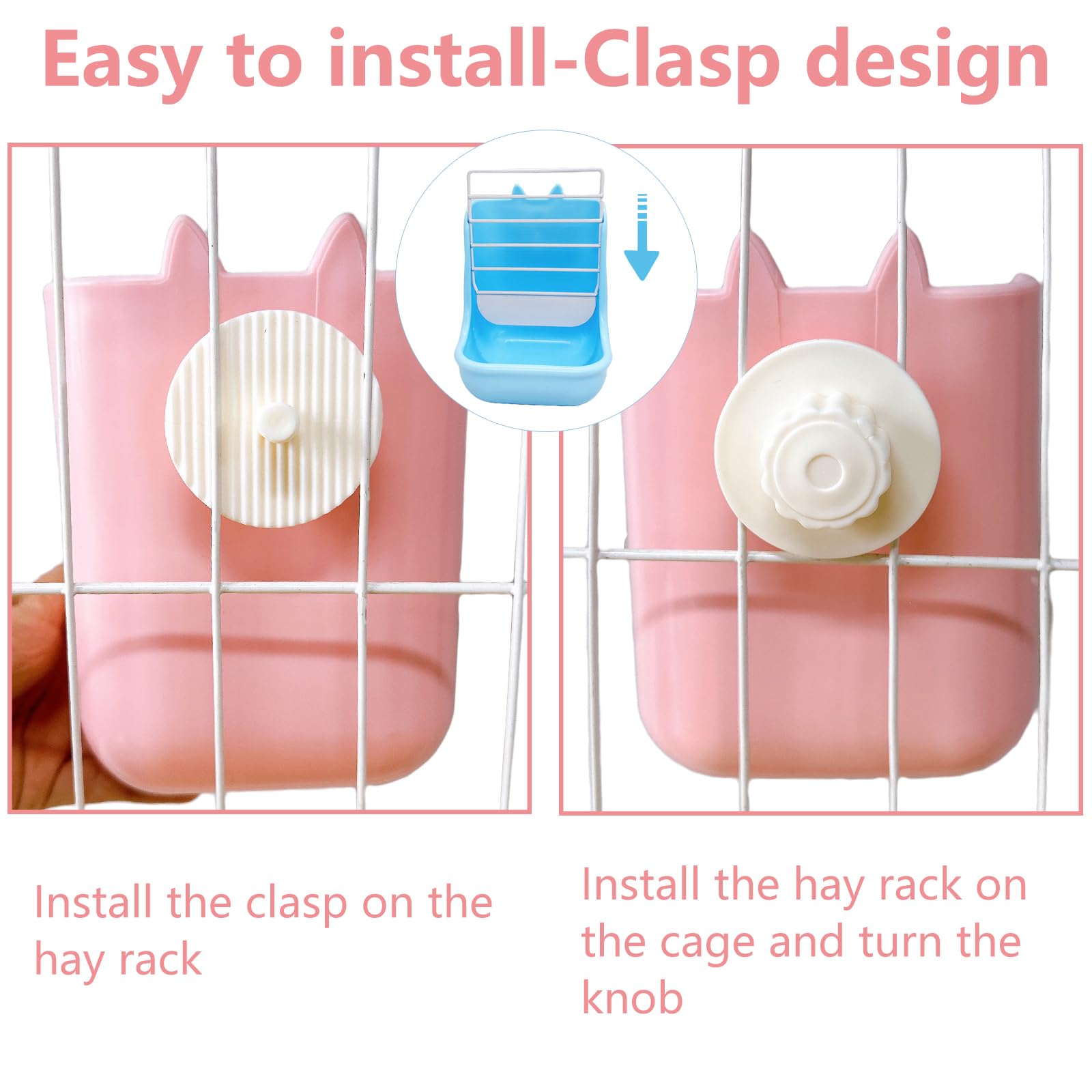 Hamiledyi 2PCS Rabbit Hay Feeders Rack 2 in 1 Feeder Bowls Double Bunny Feed Holder Grass Food Supplies for Chinchillas Guinea Pig Hamsters (Pink+Blue) - image 5