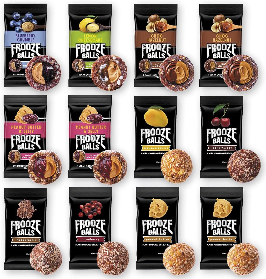 Frooze Balls Mega Value 12 Variety Pack | Classic Vegan Snack Energy Balls PLUS Double Filled Energy Balls