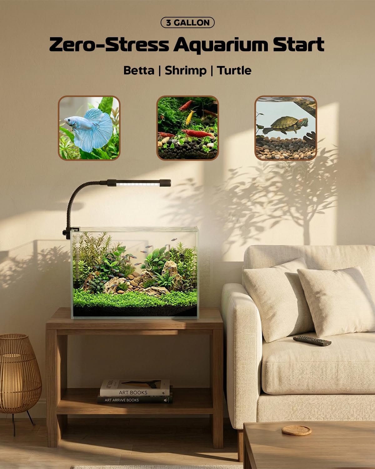 Glass Fish Tank Kit, 3 Gallon Betta Fish Tank Aquarium Starter Kit with Filter, Lights, Lid, for Betta, Goldfish, Small Fish or shrimg，Clear