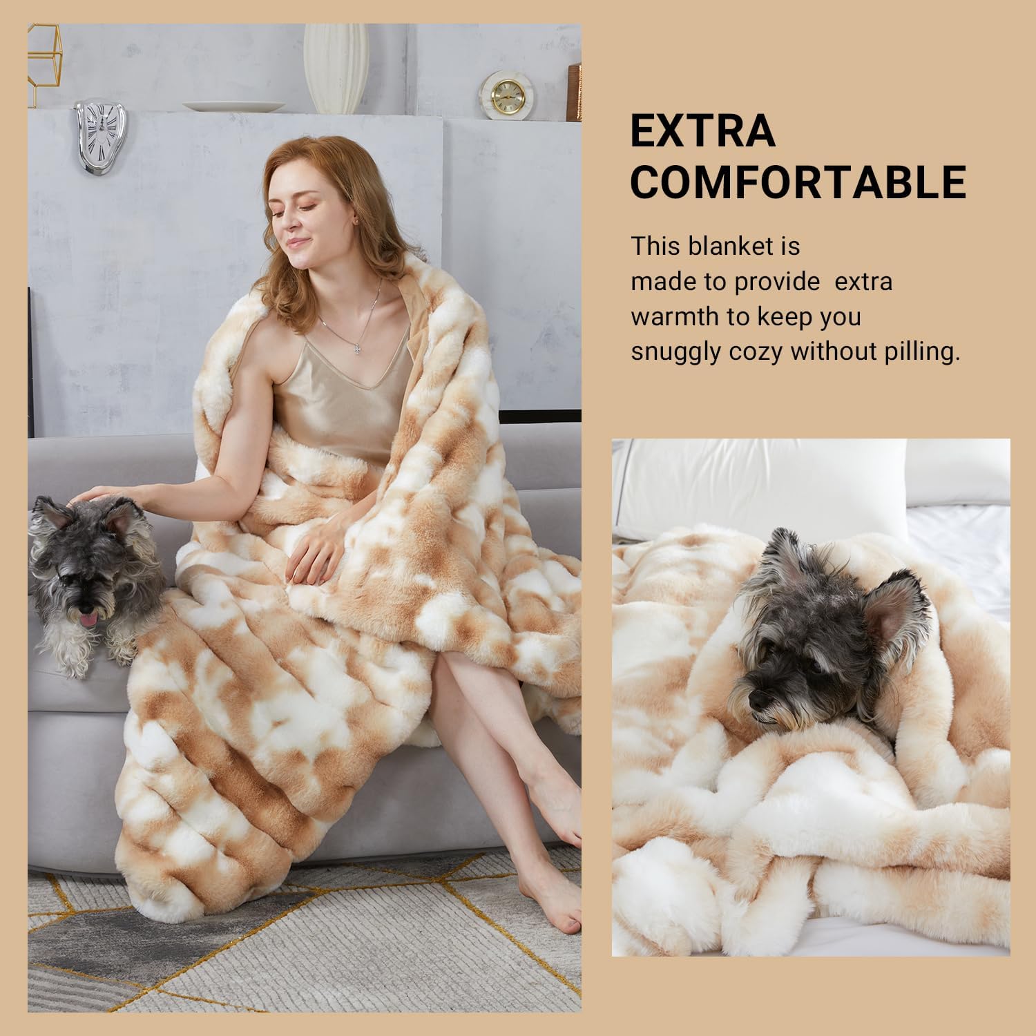 SAPHREAS Faux Fur Throw Blanket for Couch, Fluffy Fuzzy Bubble Blanket for Sofa Bed Living Room, Decor Soft Cozy Gifts for Women Men, 50x60” Tie Dye Khaki - Image 4