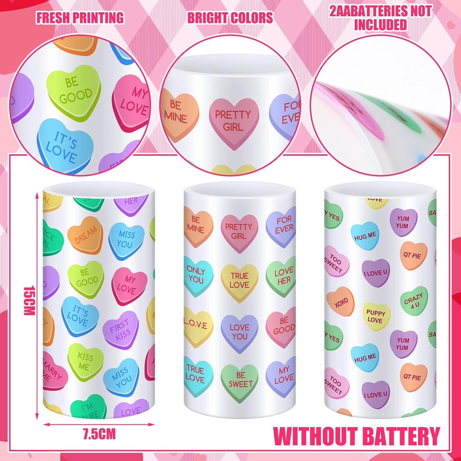 3 Pcs Valentine's Day LED Flameless Pillar Candles with Remote 3x6 Inch Conversation Heart Romantic Candy Candle Flickering Color Changing Battery Operated for Valentine's Party Room Decor Gifts