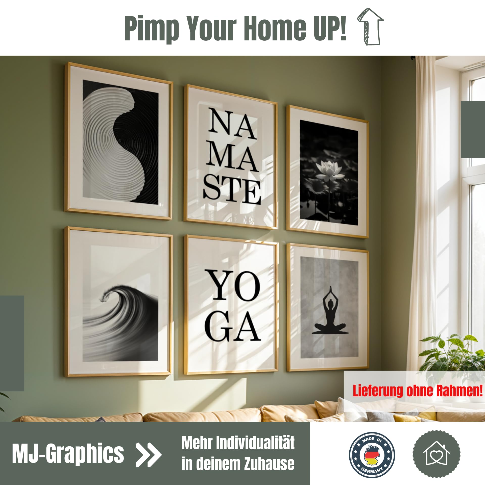MJ-GRAPHICS® 6er Poster Set Yoga Poster Zen Buddhismus Kunstdruck Namaste Bild Entspannung Wohnzimmer Wandbild Ruhe Bild Entspannung Dekoration Meditation Poster – A2 Ohne Rahmen