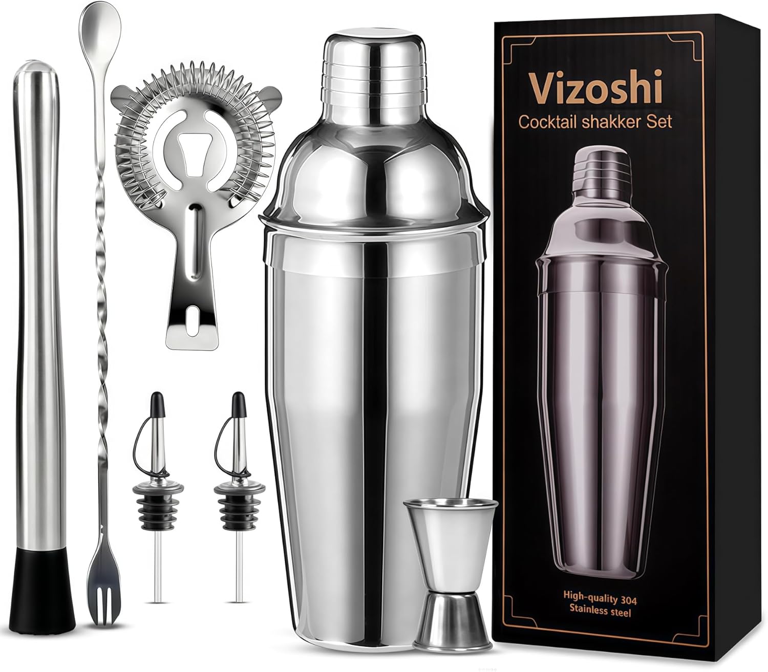 Cocktail Shaker Set Bartender Kit,Professional Bar Set, Martini Shaker, Jigger, Strainer, Mixer Spoon, Muddler, Liquor Pourers Ideal Bar Accessories for Home, Gift for Christmas, Birthday, Beginners
