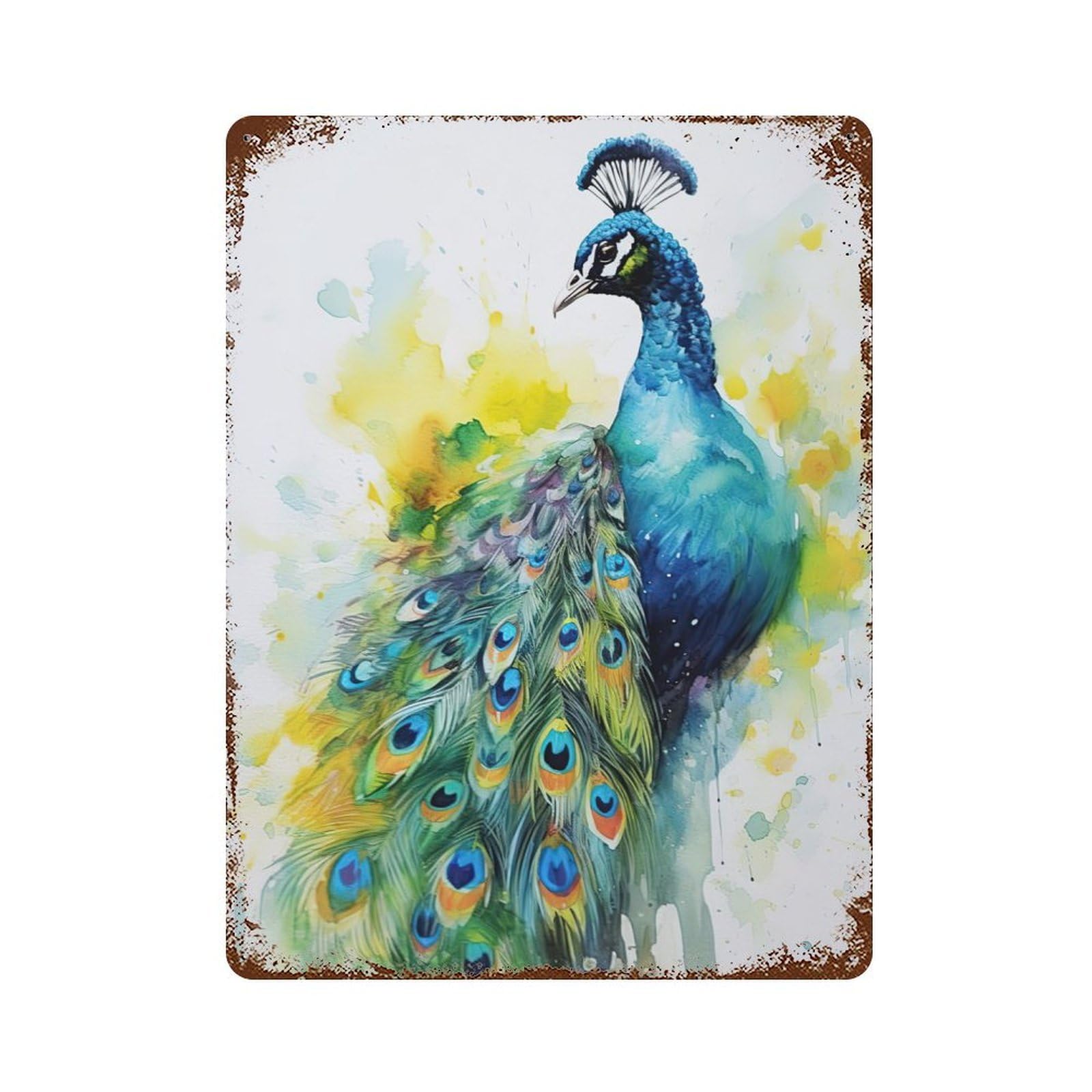 Rusty Metal Tin Sign Peacock Watercolor 15.7"x11.8", Industrial Home Decor for Patio, Garden Room And Bar Decor