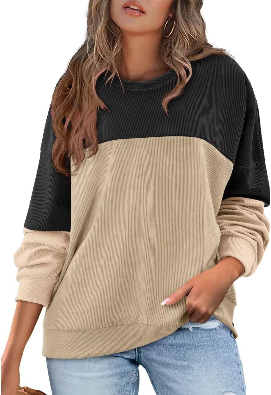 KISSMODA Women's Casual Long Sleeve Sweatshirt Color Block/Solid Crewneck Corduroy Pullover Cute Tops - Image 2