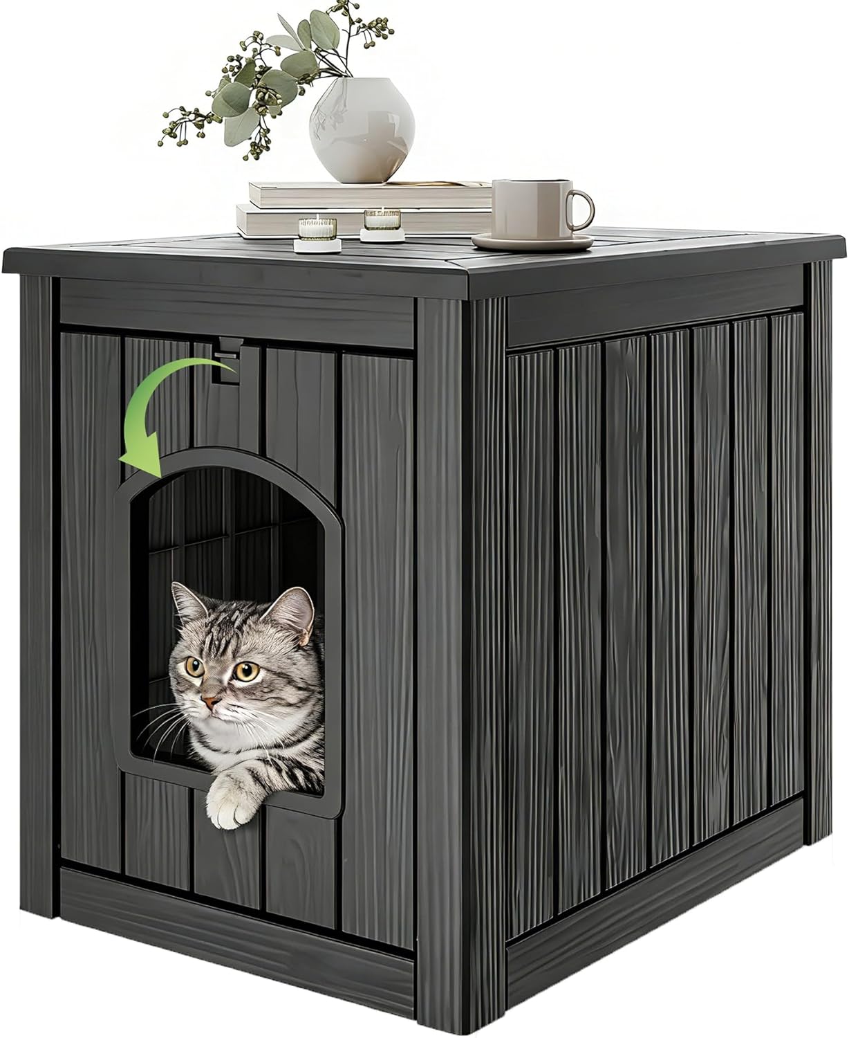 Cat Litter Box Enclosure, Feral Outdoor Cat Enclosure Weatherproof for Winter Outside, Litter Box Furniture Fit Litter Box, Sturdy Resin Shelter for Living Room, Easy to Assemble, Grey