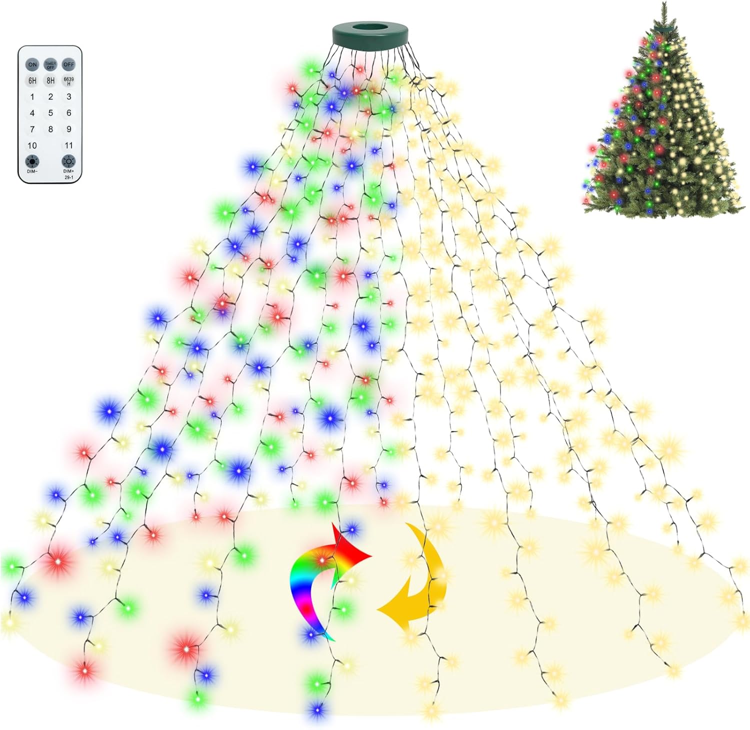Multicolor/Warm White Christmas Tree Lights with Ring, 400 LEDs 7.5ft x 16 Lines Xmas Strings Light with Remote Control for 5-7.5ft Christmas Tree Decorations