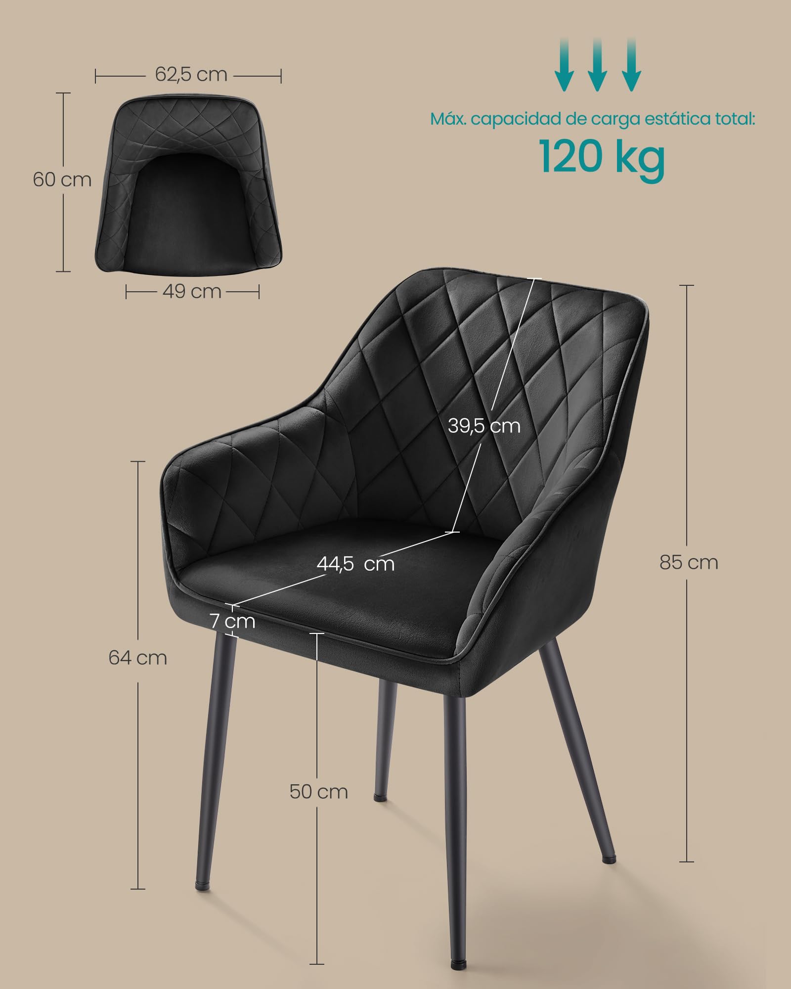 SONGMICS Silla de Comedor, Silla de Cocina, Sillón de Terciopelo, Silla Tapizada con Reposabrazos, Carga Máx. de 120 kg, Patas de Metal, para Comedor, Cocina, Negro Tinta LDC088B01