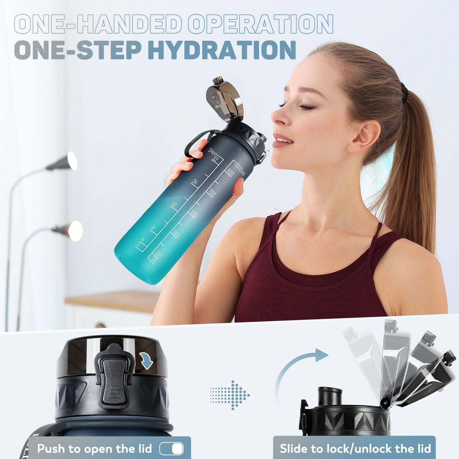 FULDENT Sports Water Bottle 1L Leakproof Design Water Bottle, BPA Free Tritan Plastic Drinking Bottle for Teenager Adult - Image 4