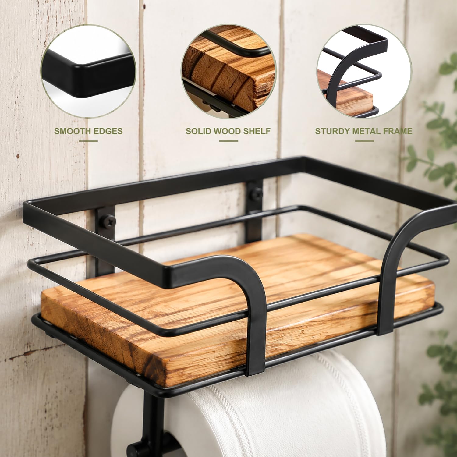 Rustic Toilet Paper Holder with Shelf, Wall Mounted — Amazon image 2