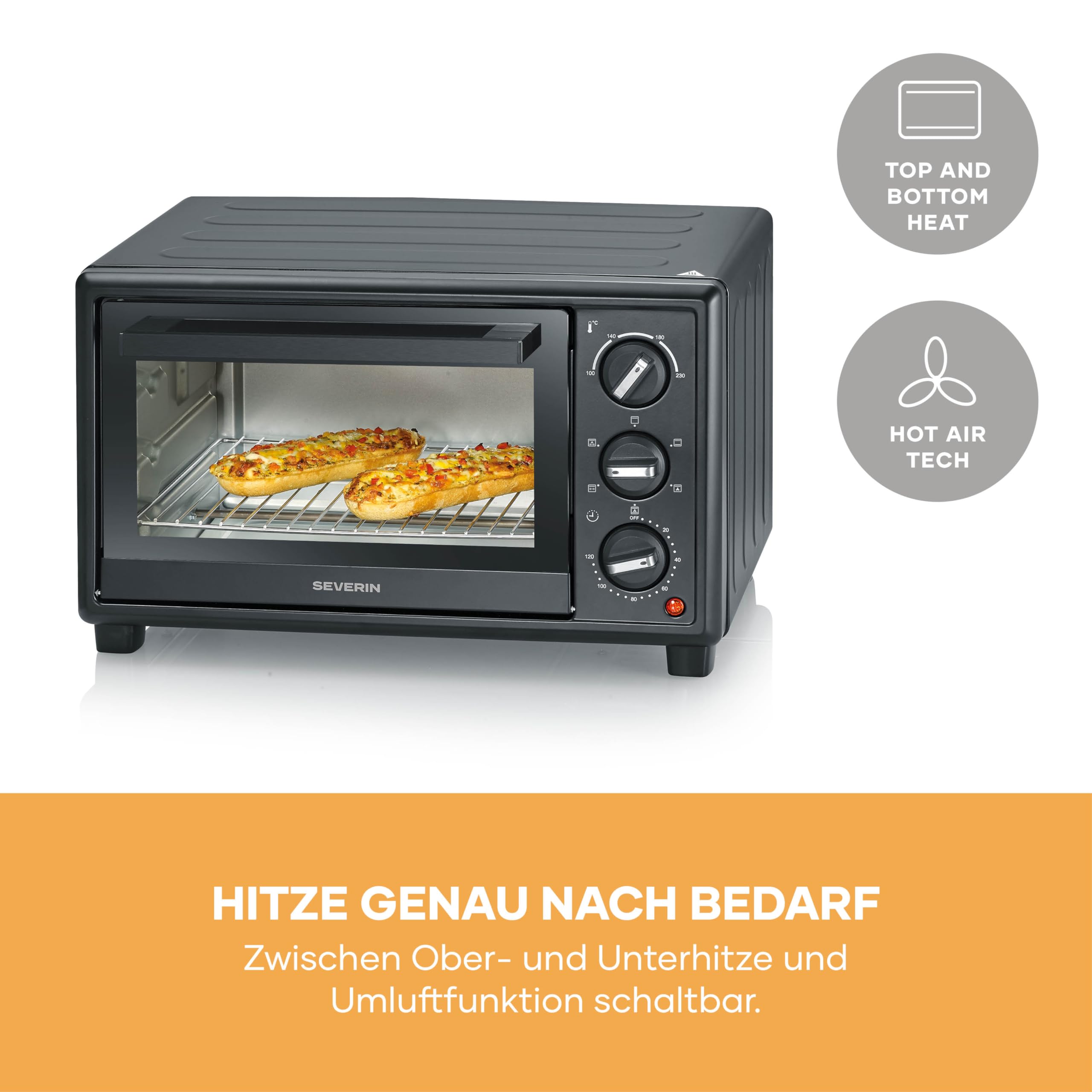 Severin Back- und Toastofen, Bake&Toast, 20L, bis 230°C, Umluft-Funktion, Ober- und Unterhitze, inkl. Pizzastein, Drehspieß, Krümelblech, Backblech, Grillrost, 120Min. Timer, 1600W, schwarz, TO 2079