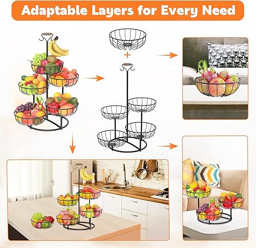 Miniatura 2 de PouHenier.jh Cesta de frutas de 5 niveles para cocina con colgador de plátanos, estante de almacenamiento de verduras de alambre de metal de gran