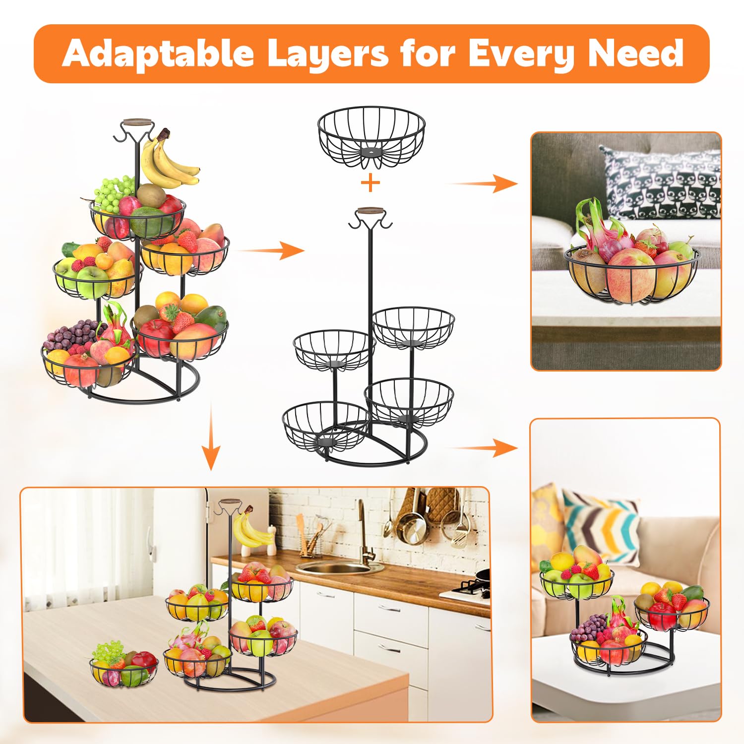 PouHenier.jh 5 Tier Fruit Basket Tower Stand with Banana Hanger for Kitchen Counter, Vegetable Tiered Shelf for Countertop, Tall Standing Produce Holder for Potato, Onion with Stable Base (Black)
