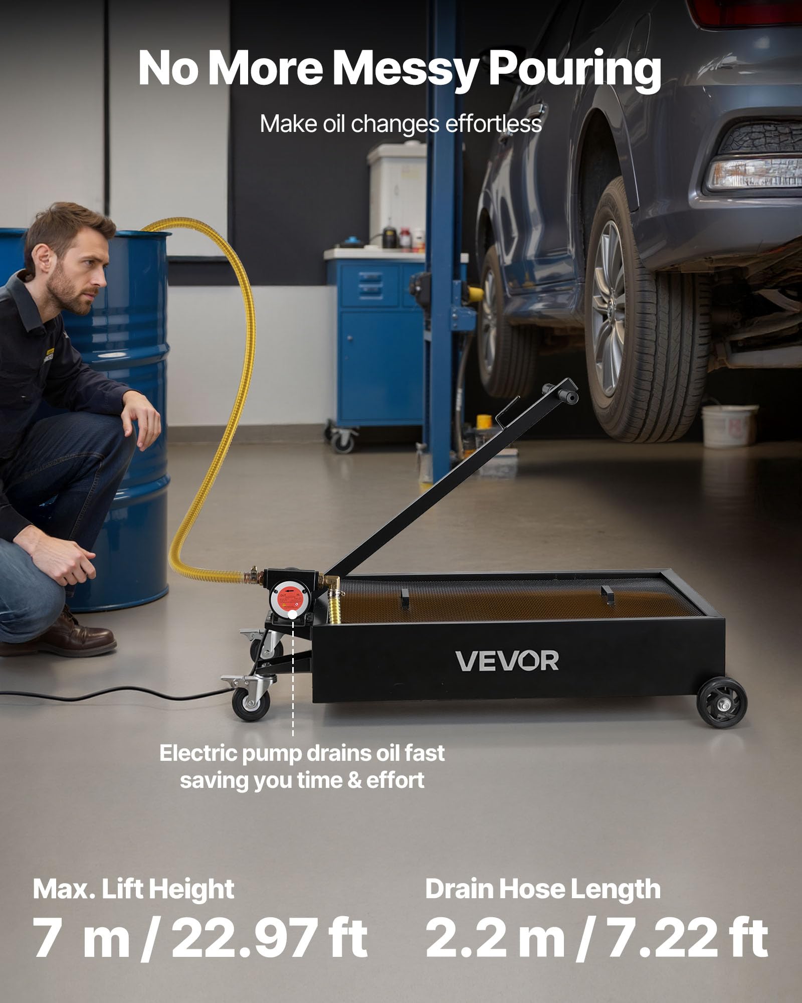 VEVOR Vaschetta Recupero Liquidi Olio, capacità di 56,8 L, con Pompa Elettrica e Tubo Flessibile da 2,2 m, a Prova di Perdite e Resistente alla Corrosione, Adatta per Auto, Motociclette, ATV, Metallo