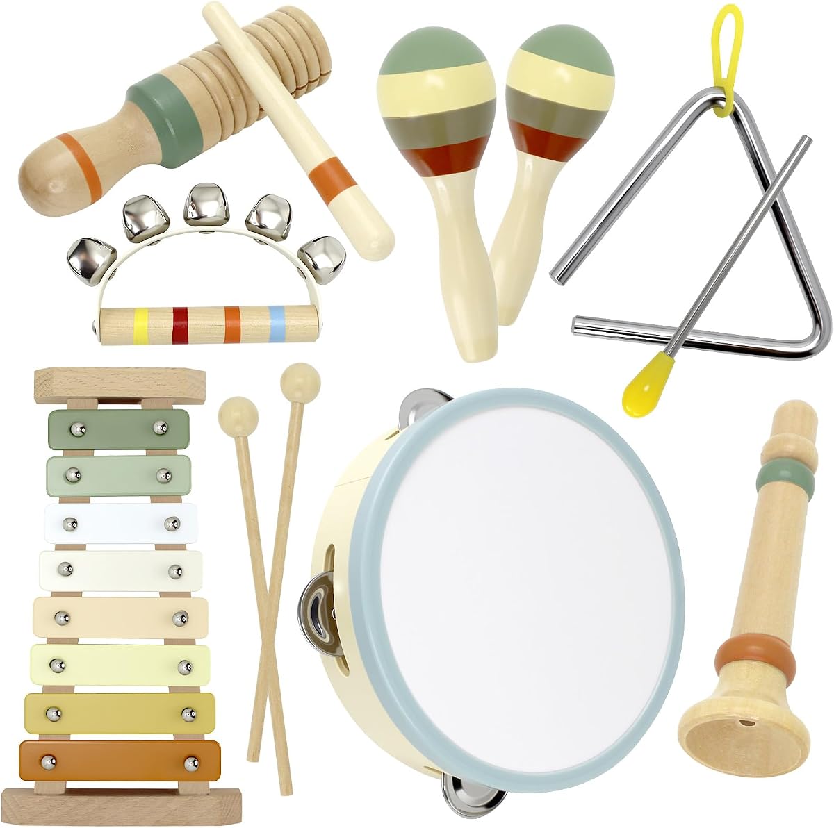 Instrumentos musicales para bebés Montessori juguetes de madera para niños pequeños, conjunto de instrumentos de percusión de colores neutros, pandereta de xilófono boho moderno