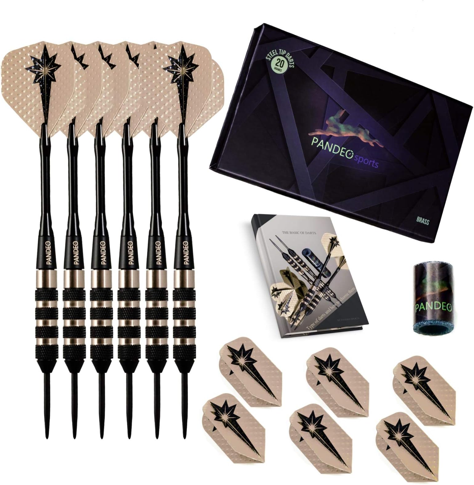 Darts Steel Tip Set Professional - 6 Pack - Darts with 20 Grams Brass Barrel - Aluminum Shafts - 2 Style Flights -6 Slim Shape & 6 Standard Shape - Darts Sharpener +Free e-Book + Premium Storage Case