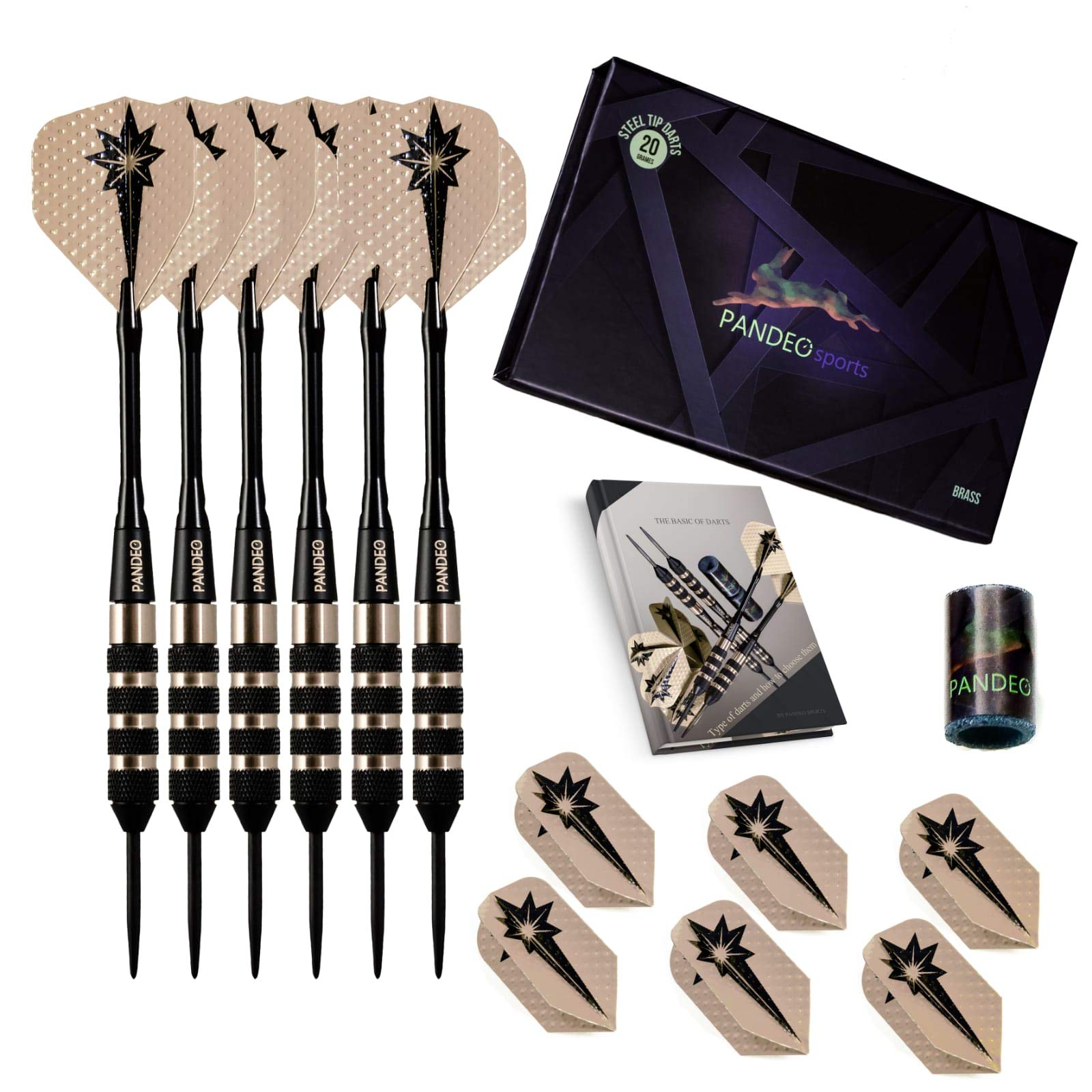 Darts Steel Tip Set Professional - 6 Pack - Darts with 20 Grams Brass Barrel - Aluminum Shafts - 2 Style Flights -6 Slim Shape & 6 Standard Shape - Darts Sharpener +Free e-Book + Premium Storage Case