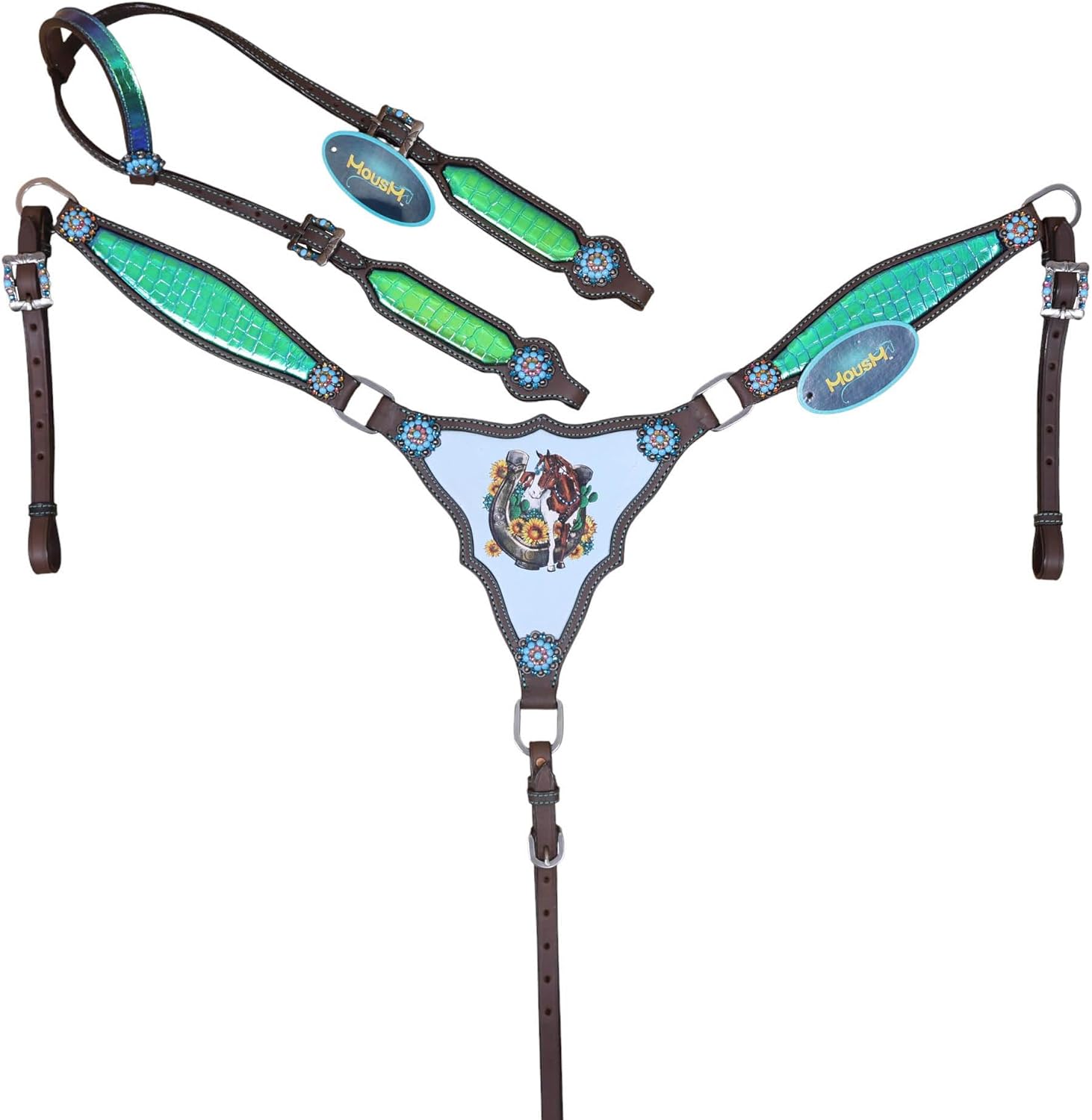 Western Headstall and Breast Collar Handmade Tack Set for Horses, Turquoise Green Holographic Alligator Print with Horse Shoe, Horse, Sunflower & Cactus Scenery, Argentina Leather