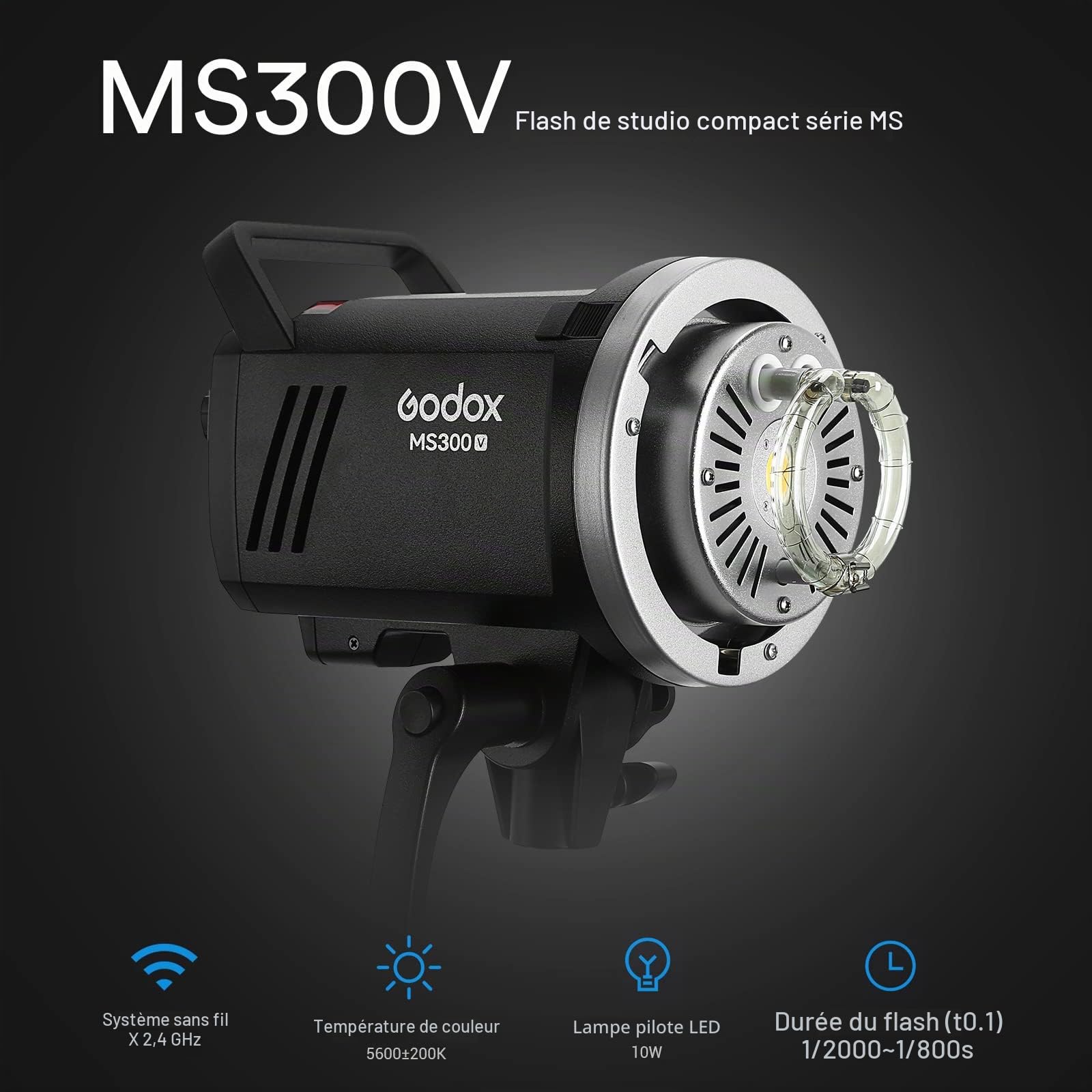 Godox MS300V Flash de Studio 300W 2,4G Monture Bowens Lampe LED | GN58, 5600K ±200K, Système sans fil 2,4G intégré, Lampe LED de Modélisation, Réflecteur Standard, idéal pour Studio, Portrait