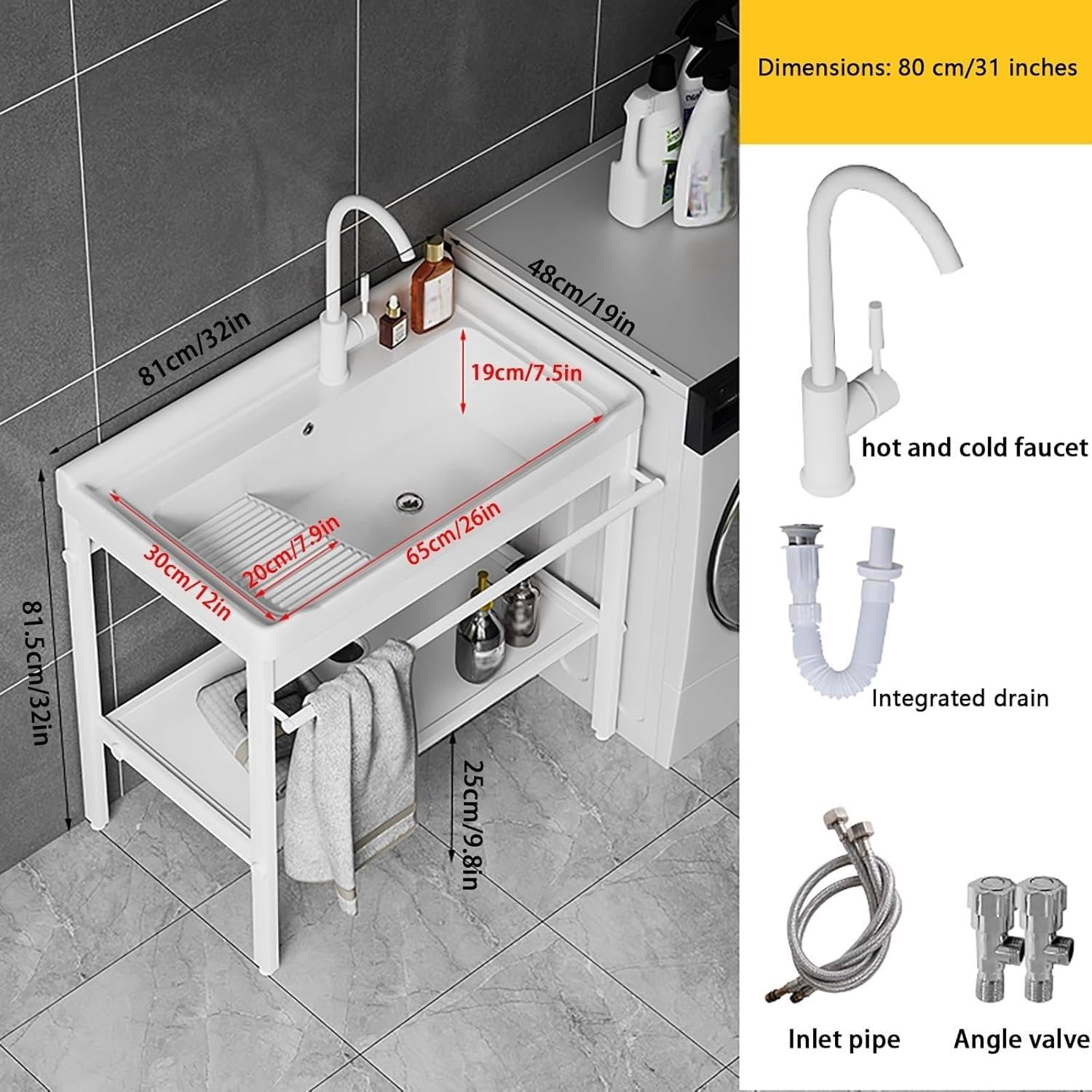 Fregadero de cerámica con tabla de lavado, fregadero de acero inoxidable para balcón, lavandería, garaje, sótano, interior/exterior.
